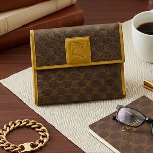 CELINE Macadam Wallet Brown Tan Logo Flap Snap Vintage